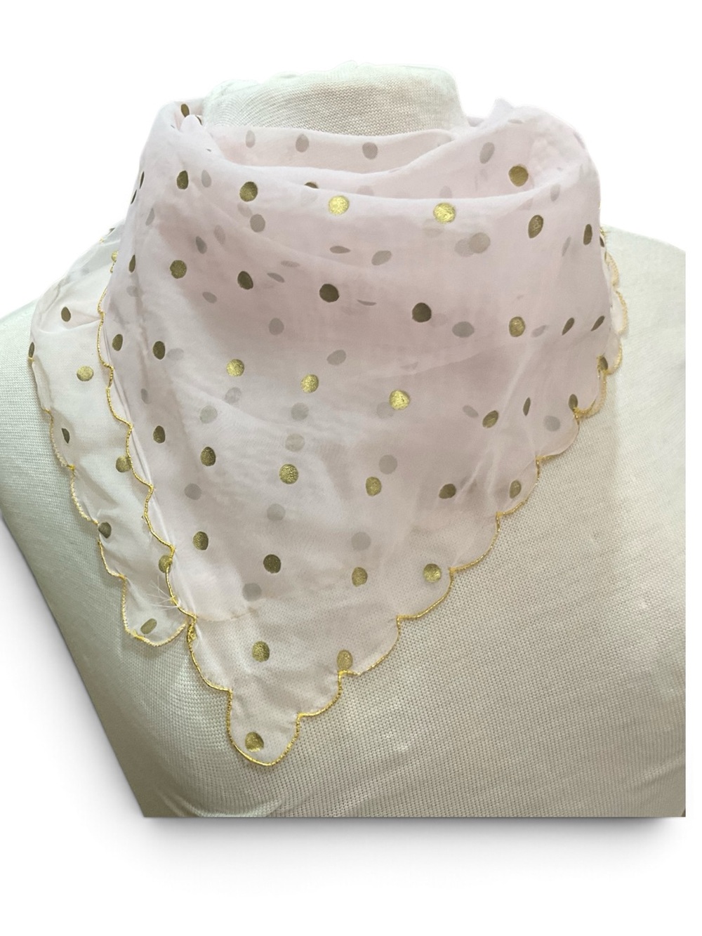 Sheer Ivory Light Pink Gold Polka Dot Scalloped Square Scarf 21”